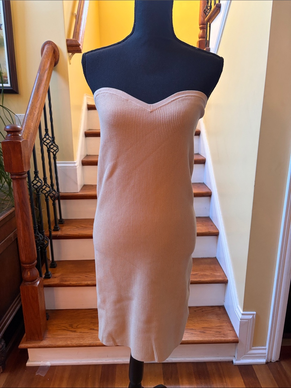 New York & Company Strapless Ribbed Midi Dress in Beige
